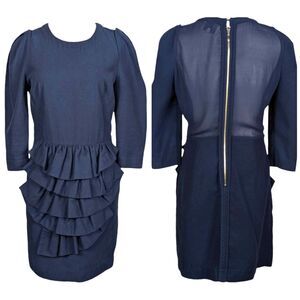 3.1 PHILLIP LIM Navy Blue Classic Ruffle Wool Silk Designer Dress Pockets Size 6